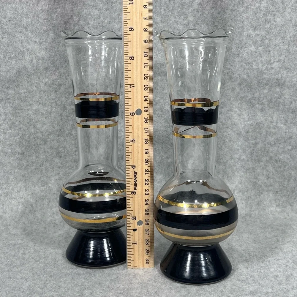 Mid Century Modern Style Vases Black Gold Painted Stripes Ruffled‎ Edge Opening